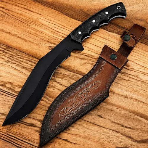 Poshland - Cuchillo Kukri hecho a mano con hoja de acero D2, mango duradero de G10, funda de cuero premium, ideal para tallar, caza, uso al aire