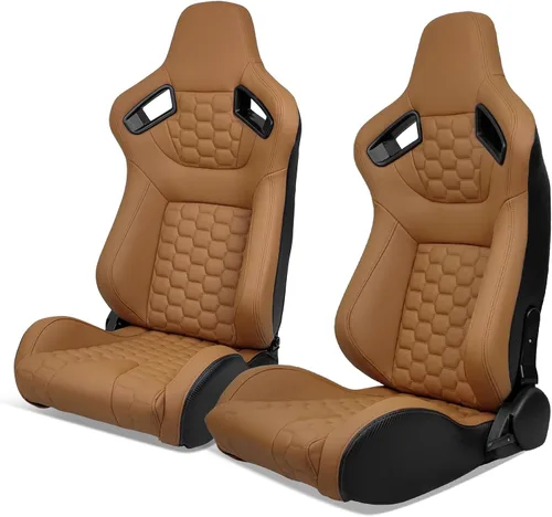 Miniatura 15 de IKON MOTORSPORTS, Asientos universales para vehículos de carreras con deslizadores dobles, asientos deportivos reclinables de cuero PU beige + cuero