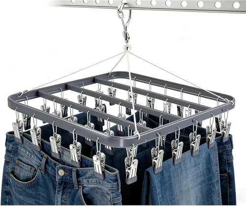 Miniatura 9 de Percha para pantalones de secado de ropa, perchas de metal con 36 clips, resistente al viento, colgador de ropa interior, clip plegable para jeans