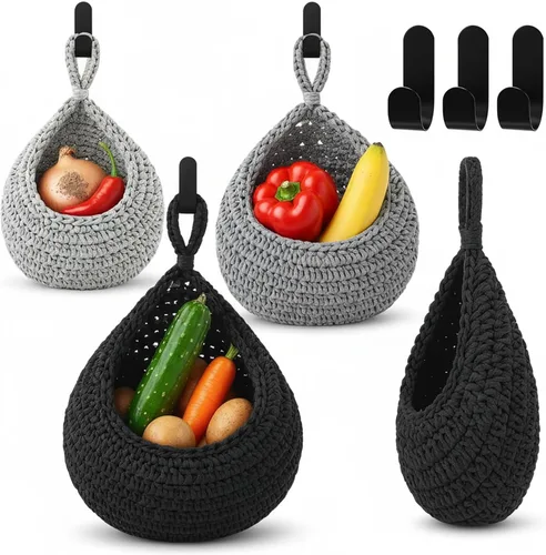 Miniatura 18 de Honeydak Cestas colgantes de pared bohemias para cocina, paquete de 3 cestas de lágrima con ganchos, almacenamiento de frutas, cebollas, verduras