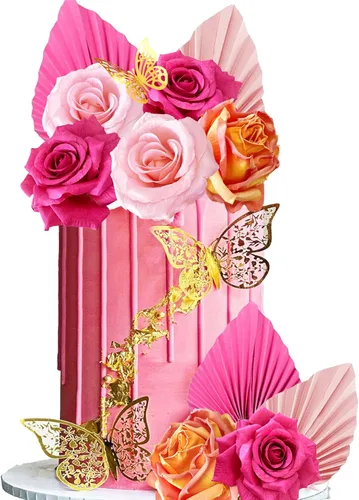 Miniatura 10 de Decoración de pastel bohemia con hojas de palma, flores verdes polvorientas y mariposas, decoraciones para pasteles para boda bohemia, baby shower