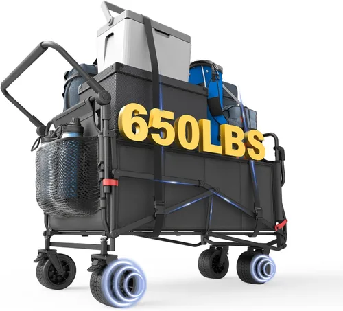 Miniatura 18 de LEVELEVE Vagón Plegable de Servicio Pesado - Carrito Plegable 2 en 1, Capacidad de 400 libras, Ruedas Todo Terreno con Frenos y Bolsillos Laterales