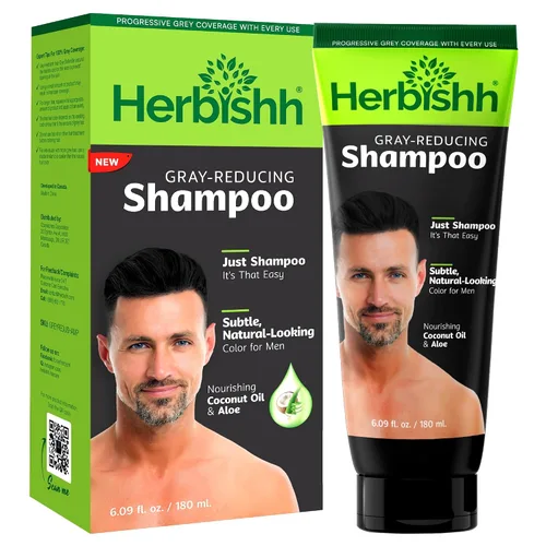 Herbishh Champú reductor gris para hombres, oscurecimiento del cabello y aumento de volumen con cada lavado, limpia y revitaliza, fácil uso en el