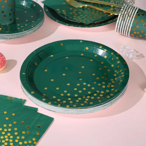 Miniatura 2 de 150 piezas de decoraciones de fiesta verdes y doradas, platos verdes y servilletas, suministros de fiesta para 50 invitados, platos de papel