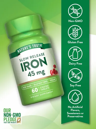 Miniatura 3 de Nature's Truth Suplemento de hierro 45 mg 60 píldoras Sulfato ferroso Vitaminas sin OMG y sin gluten para hombres y mujeres
