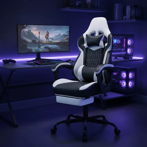 Silla de juegos con reposapiés, silla ergonómica para jugadores con soporte lumbar ajustable y reposacabezas, silla de computadora para adultos,