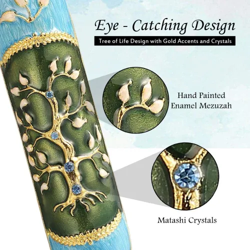 Miniatura 4 de Mezuzah esmaltada pintada a mano adornada con un árbol de la vida diseño con detalles dorados y cristales por Matashi, (MTMZ221)