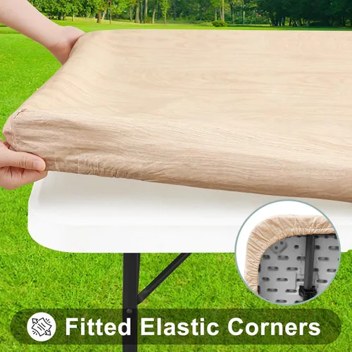 Miniatura 2 de Smiry Mantel cuadrado para mesa de pícnic, impermeable, elástico, ajustable, para campamento, protector de vinilo con parte trasera de franela Beige