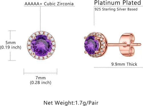 Miniatura 5 de Aretes de piedra natal natural de 0.8 quilates para mujeres y niñas, aretes de plata de ley 925 con halo de corte redondo amatista rubí, topacio