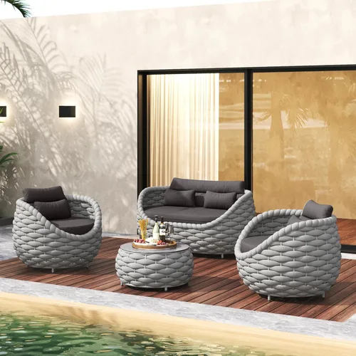 Miniatura 48 de TWT 3-Piece Woven Rope Patio Furniture Set, 2 Outdoor Armchairs with Soft Cushions + Round Aluminum Coffee Table, All-Weather Conversation Set for