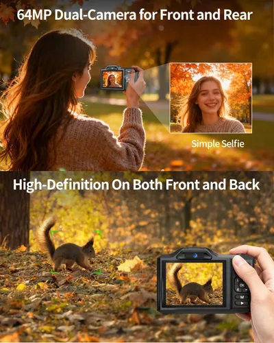 Miniatura 4 de Cámara digital, cámara de enfoque automático 4K 64MP con doble lente, zoom 18X/WiFi/tarjeta de 32 GB, cámaras de apuntar y disparar para regalos