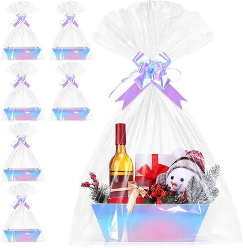 Miniatura 10 de AFOROEOA Paquete de 10 cestas vacías para regalos, cesta de regalo de papel kraft de 10 x 12 pulgadas de grosor con 10 lazos, 10 bolsas vacías