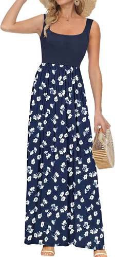 Miniatura 22 de AUSELILY Vestido largo con cuello cuadrado para mujer, sin mangas, floral, holgado, con bolsillos