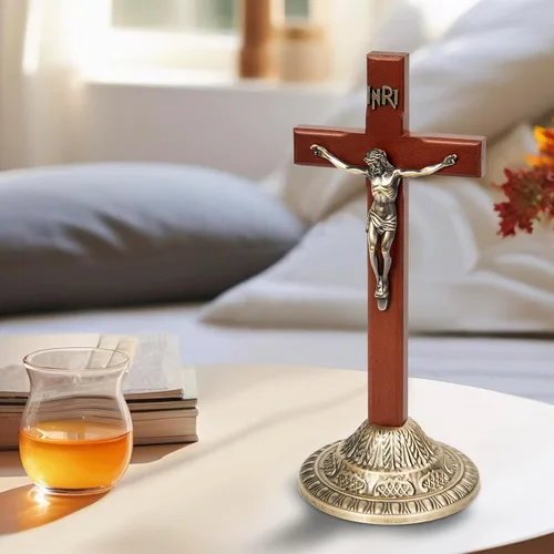 Miniatura 6 de ACHIBANG Crucifijo de pared de 12 pulgadas con soporte, cruz de Jesús católica de pie y colgante de madera con INRI para el hogar o la sala