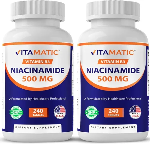 Vitamatic Niacinamida 500 mg 240 Tabletas - Vitamina B3 sin rubor - Apoya la producción de energía - Paquete de 2