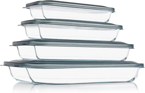 KOMUEE Juego de 8 platos de vidrio para hornear con tapas, bandeja rectangular de vidrio para hornear con tapas, moldes para lasaña, sobras, cocina,