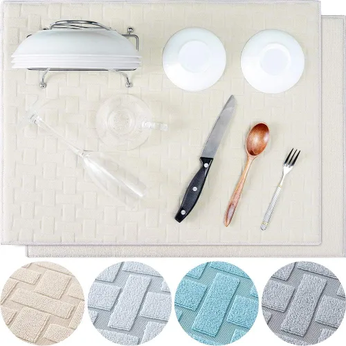 Tapete de secado de platos, paquete de 2 alfombrillas de microfibra esculpida en cruz color crema XL, ultra absorbente, tapete de secado para