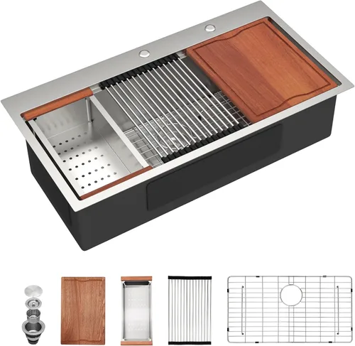 Miniatura 15 de Dcolora 33x22 Fregadero de cocina de acero inoxidable de 16 calibres, estación de trabajo de caída, fregadero de cuenco único grande, montaje