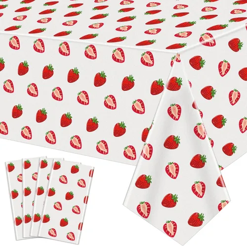 Paquete de 4 manteles de fiesta de fresa, mantel de fresa para primer cumpleaños, mantel de plástico con diseño de fresas, suministros de fiesta de