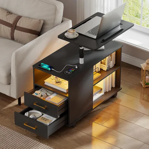 WOOVIVS - Mesita de noche con estación de carga, mesa auxiliar con luces LED, mesa auxiliar inteligente con mesa giratoria ajustable/cajón de