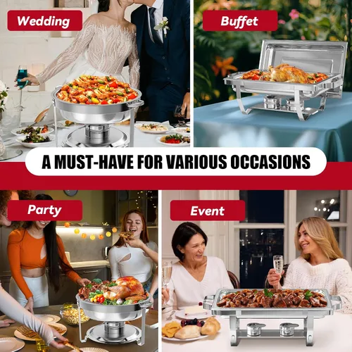 Miniatura 9 de IMACONE Juego de 2 platos para bufé, rectángulo de 8 cuartos y 5 cuartos de galón de acero inoxidable redondo para catering, chafers