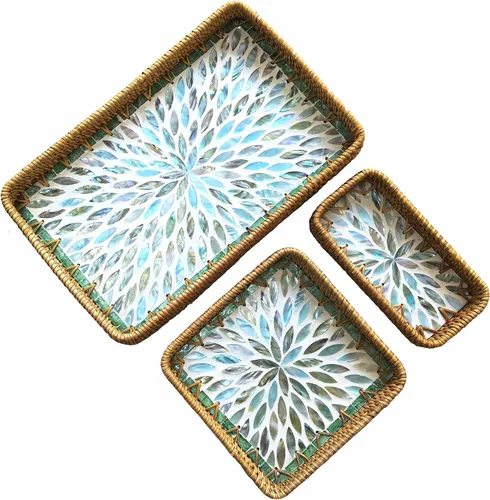 i-lan Juego de 3 bandejas rectangulares de ratán y nácar azul de 15 pulgadas, bandejas tejidas de ratán natural, rectangulares bohemias, cestas