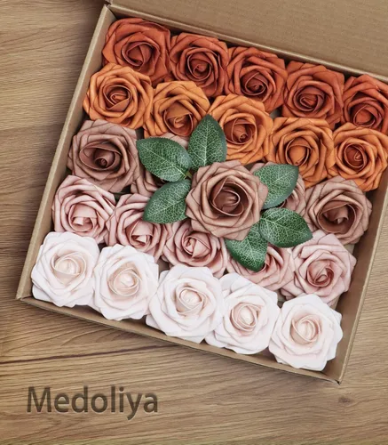 Miniatura 3 de Flores artificiales, 25 unidades, tonos de naranja quemado, rosas de espuma de aspecto real, rosas falsas con tallos para ramos de boda, centros