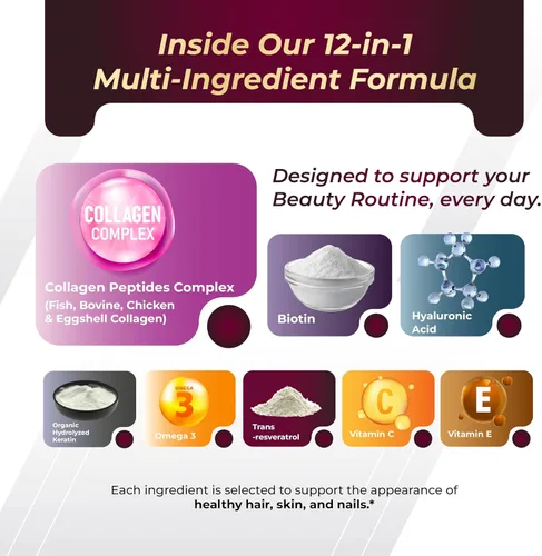 Miniatura 5 de GriMed Cápsulas de colágeno orgánico con ácido hialurónico, biotina, queratina y resveratrol, suplemento para uñas de piel y cabello, 150
