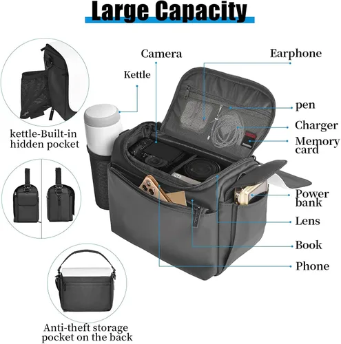 Miniatura 4 de Cwatcun Bolsa de hombro para cámara, funda cruzada impermeable, mochila compacta para fotografía, compatible con Canon/Nikon/Sony/Fuji