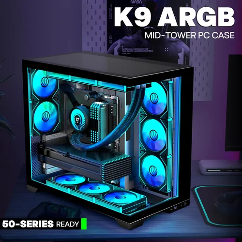 Miniatura 3 de PC CASE 9 PWM ARGB Ventiladores preinstalados, funda de PC para juegos de media torre, carcasa panorámica de vidrio templado para computadora