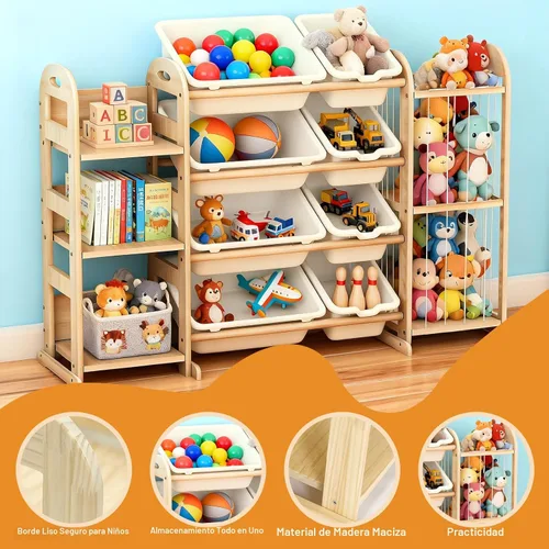 Miniatura 5 de Organizador de almacenamiento de juguetes de madera, organizadores de juguetes y almacenamiento con almacenamiento de animales de peluche, estante