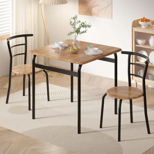 VECELO Juego de mesa y sillas de comedor de 3 piezas para 2, juego de comedor cuadrado de metal y madera para espacios pequeños, rincón de desayuno,