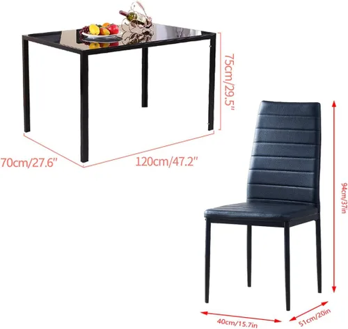 Miniatura 7 de Juego de 5 sillas de mesa de comedor, mesa de comedor rectangular de cristal negro y 4 sillas de comedor de piel sintética negra, juego de comedor