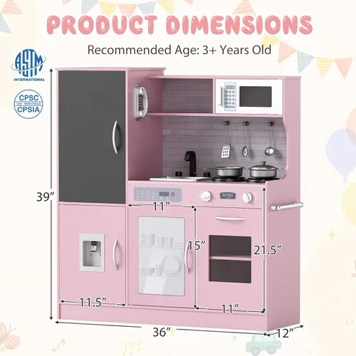 Miniatura 7 de Costzon Juego de cocina para niños, gran juego de juguetes de cocina de chef de madera con sonidos y luces reales, microondas, pizarra, horno, Rosa