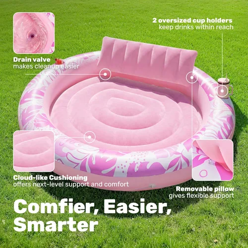 Miniatura 4 de SLOOSH Flotador inflable para tumbona para piscina, 72 x 56 pulgadas, flotadores de piscina para adultos con almohada, flotador redondo 4 en 1