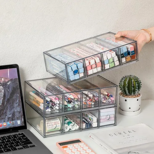 Paquete de 3 cajones de almacenamiento de acrílico apilables, organizador de escritorio, cajas de almacenamiento de cosméticos transparentes, diseño