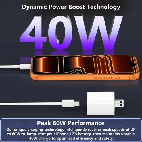 Miniatura 2 de Cargador para iPhone 17 Pro Max de carga rápida, adaptador de corriente dinámica de 40 W con cable USB-C de 60 W tejido máximo de 6 pies