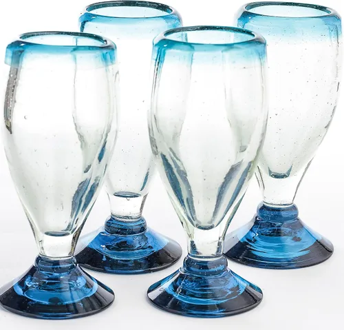 Miniatura 28 de Specialty - Vasos de tequila mexicanos, soplados a mano con color y textura únicos, juego de 4 piezas (borde azul)