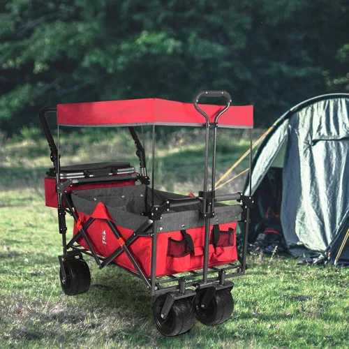 Miniatura 8 de Carro plegable con toldo extraíble y bolsa enfriadora, carrito plegable resistente con ruedas todo terreno de 4 pulgadas para campamento, playa, Rojo
