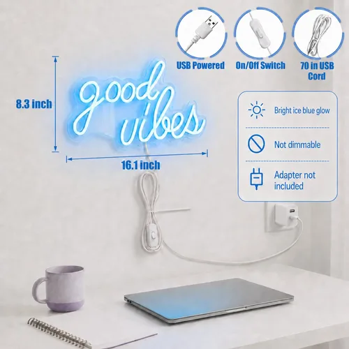 Miniatura 3 de DECANIT Letrero de neón Good Vibes azul hielo, luz LED genial para decoración de pared, sala de juegos, cueva de hombre, bar, configuración