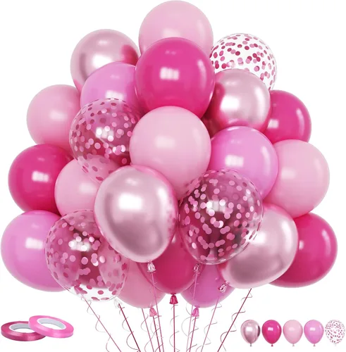 Funhot - Set de globos rosados, 60 globos de látex rosa intenso, 30,5 cm, globos de confeti rosa, globos de fiesta metálicos rosa pastel, helio para