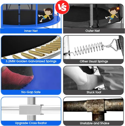 Miniatura 3 de Trampolín para exteriores de 1500 libras con luz+rociador+calcetines, trampolín resistente de 16 pies, 14 pies, 12 pies, con aro de baloncesto, Azul