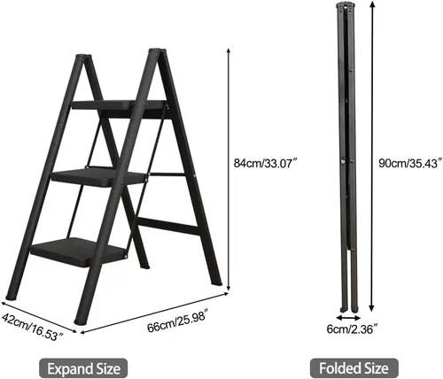 Miniatura 6 de Hershii Taburete plegable portátil de 3 escalones con pedal antideslizante, resistente y ancho, escalera de metal de acero para el hogar, estante