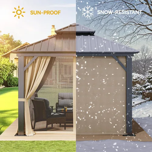 Miniatura 6 de DWVO Gazebo de techo rígido de 10 x 10 pies, techo doble con redes y cortinas, techo de rayas verticales de acero galvanizado resistente para patio