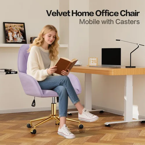 Miniatura 4 de Silla de escritorio para oficina en casa cómoda con ruedas giratorias ajustables, silla moderna de terciopelo para maquillaje con respaldo y Púrpura