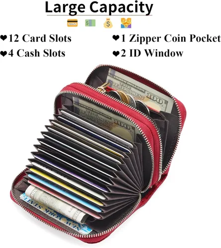 Miniatura 2 de GOIACII Cartera con tarjetero RFID para mujer, pequeña cartera de piel auténtica con 2 cremalleras