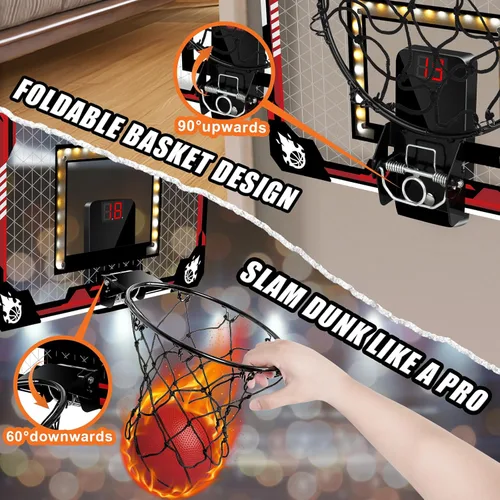 Miniatura 3 de KIZJORYA Aro de Baloncesto para Interiores, Mini Aro de Baloncesto con Luz para Niños con Marcador Electrónico y 4 Pelotas, Tablero Plegable