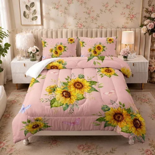 Nttopship Juego de edredón rosa con girasol, tamaño individual para mujeres adultas, juego de ropa de cama floral de mariposa de 3 piezas, edredones