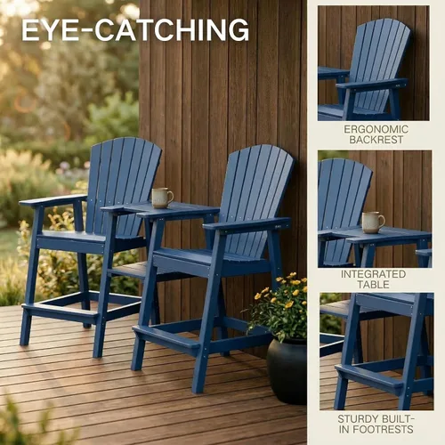 Miniatura 6 de Kingdura Juego de 2 sillas Adirondack altas mejoradas, resistentes a la intemperie, taburetes de alta densidad para exteriores con bandejas de Azul