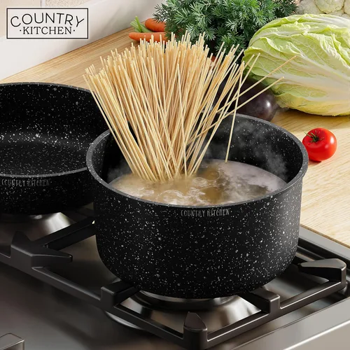 Miniatura 8 de Country Kitchen Juego de utensilios de cocina con mango extraíble, juego de ollas y sartenes aptas para horno y caravana, color negro, original